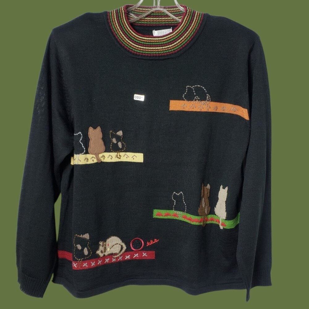 999rst Vtg Womens Knit Sweater With Multicolor Collar & Animal Embroidery Medium
